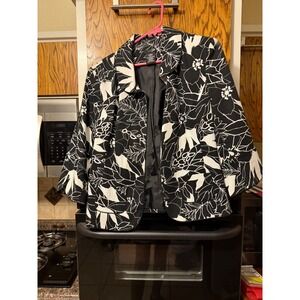 East 5th Womens Black White Floral Textured Blazer Jacket 3/4 Sleeve Large